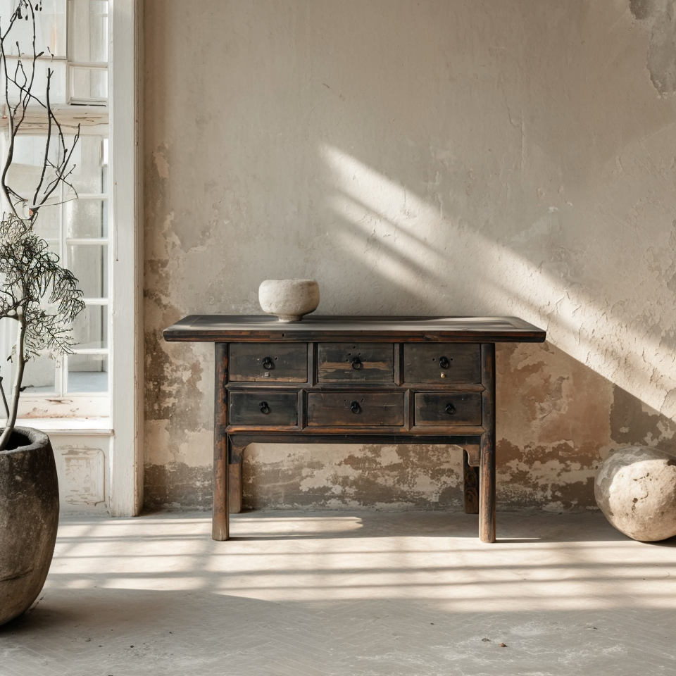 Longnan - Ancienne console chinoise en orme à tiroirs n°1