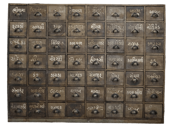 Daraaj, our Indian apothecary cabinet from Gujarat: translation and explanations of its 56 drawers