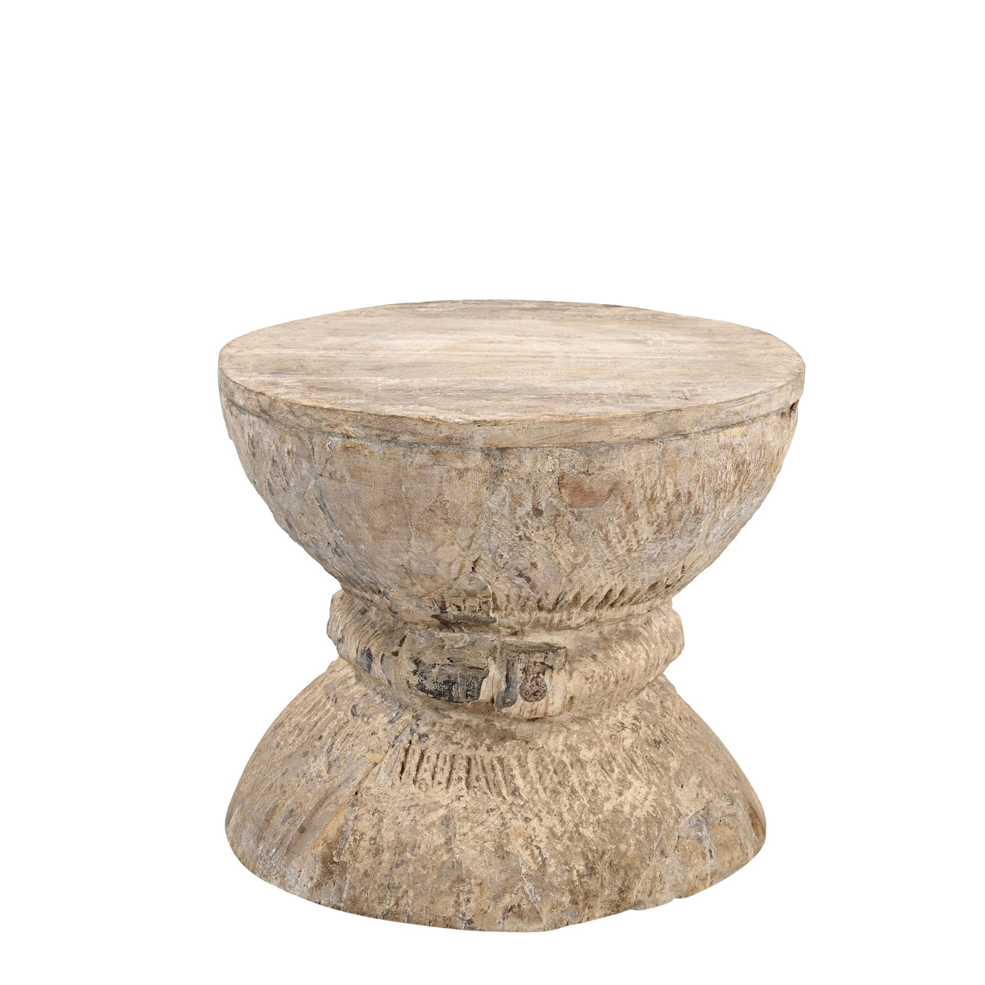 Okhli - old wooden stool in wood with tray n ° 9