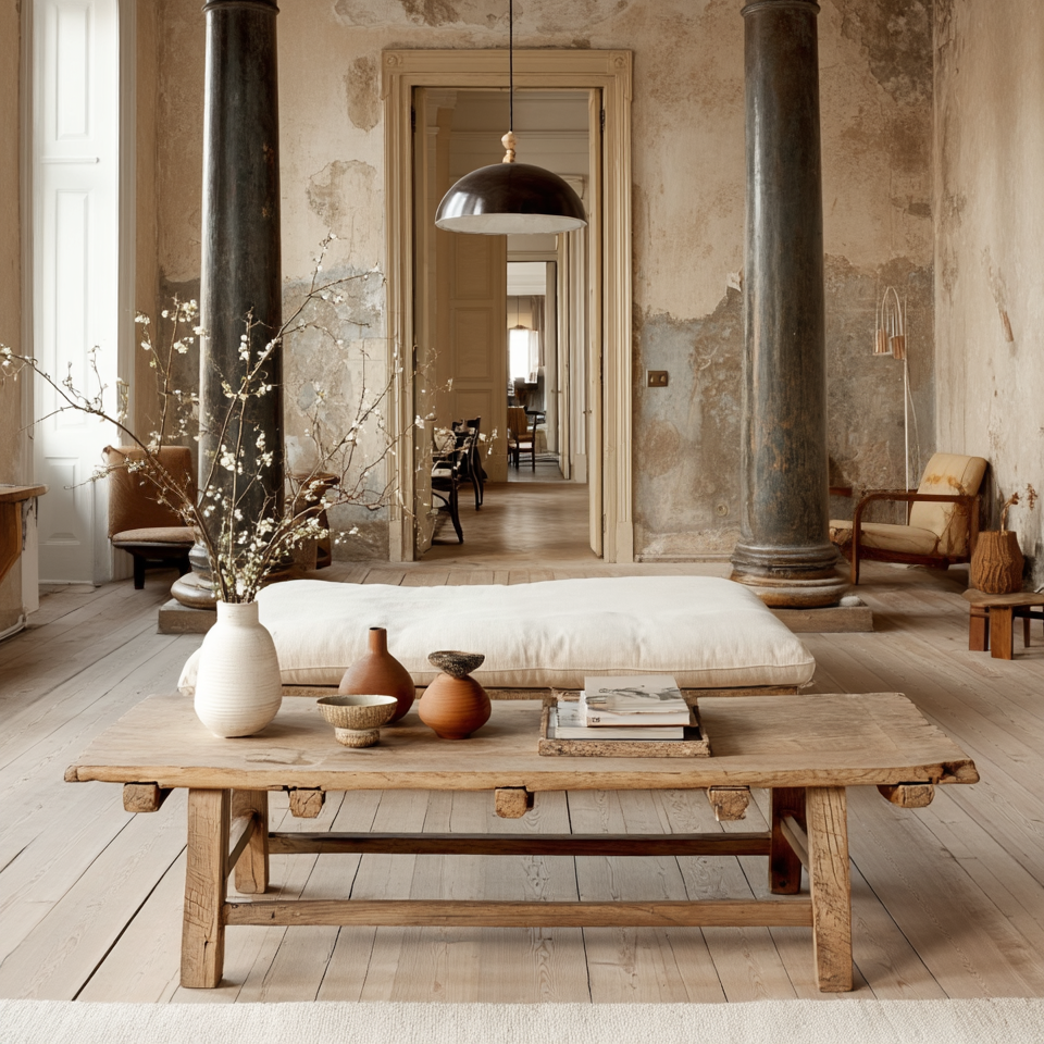 Zhuomian – Table basse avec plateau ancien en orme n°1