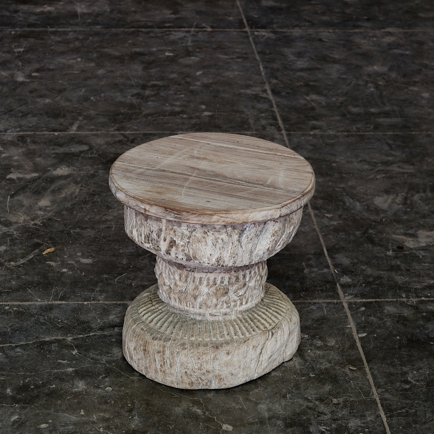 Okhli - old wooden stool in wood with tray n ° 6